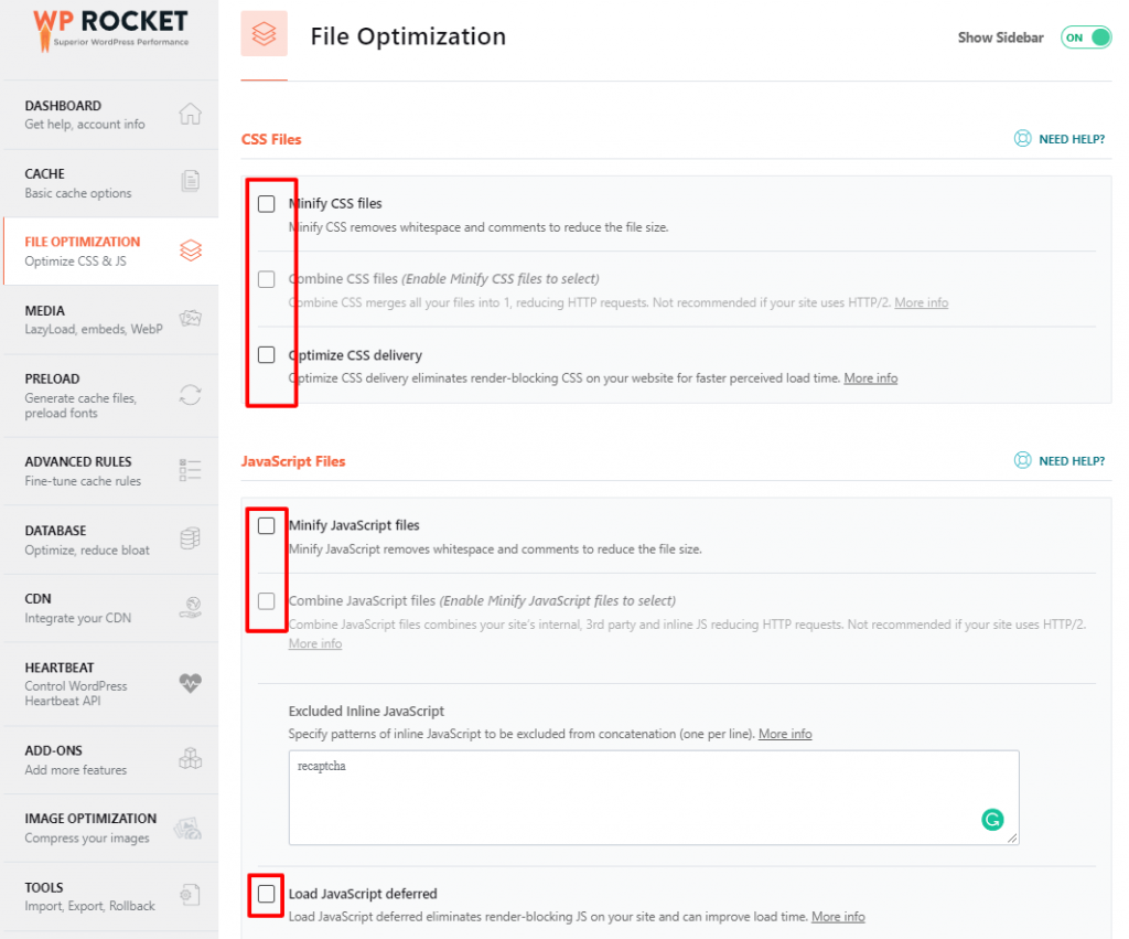 WP Rocket File Optimization settings