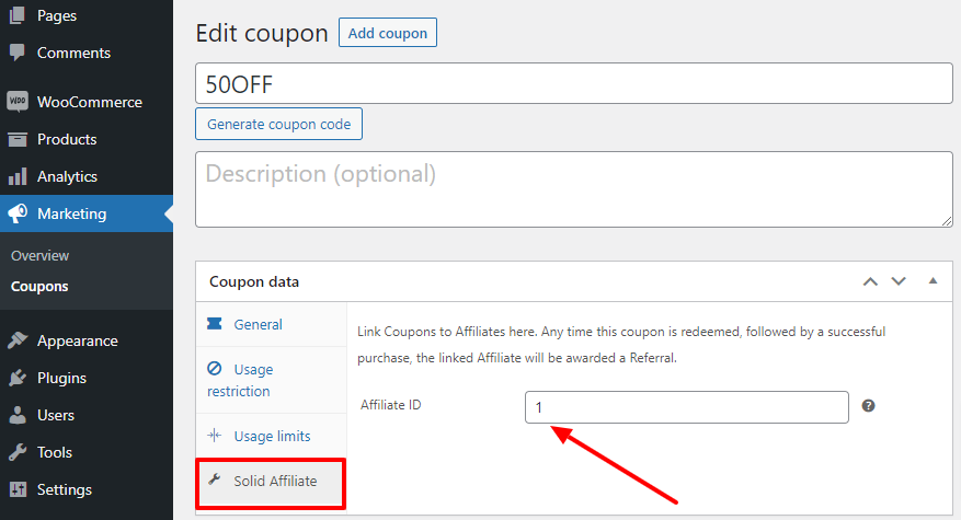 Solid affiliate assigning coupon
