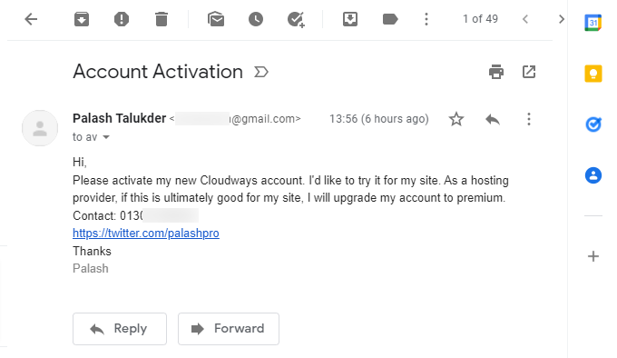 Account activation mail example
