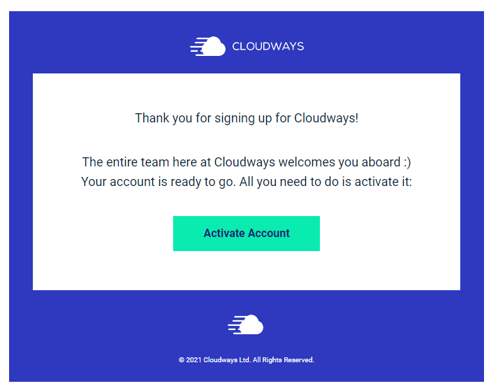 Final account activation mail sent by Cloudways