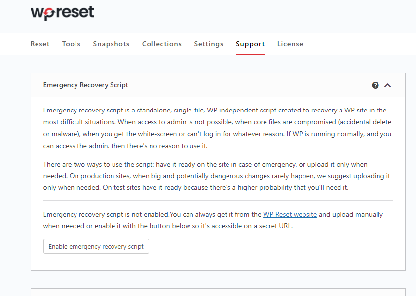 WP reset support