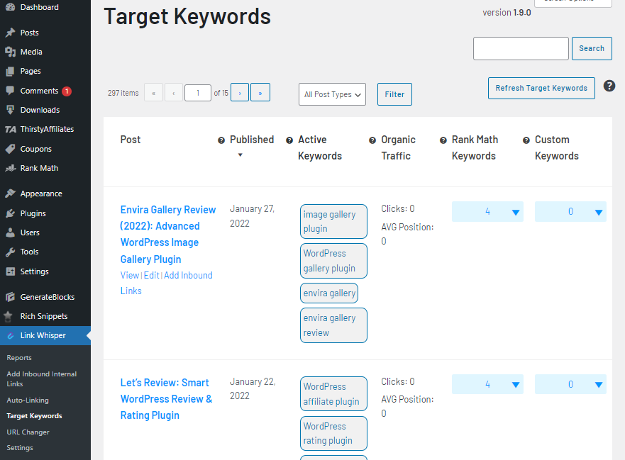 Link Whisper target keywords