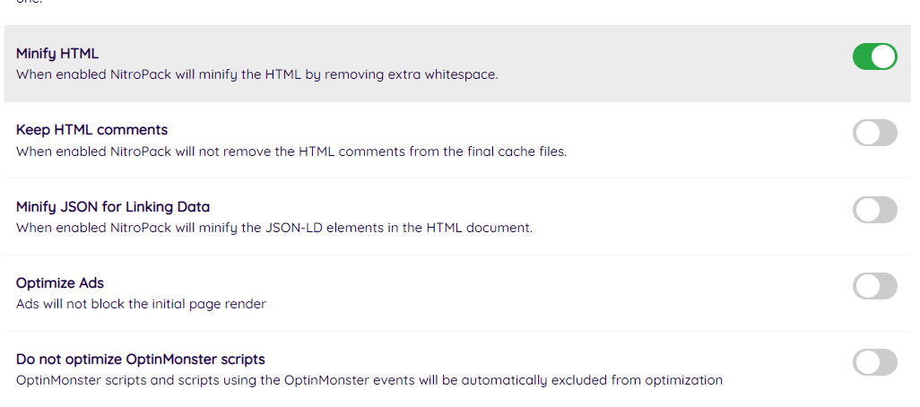 Nitropack html optimization settings