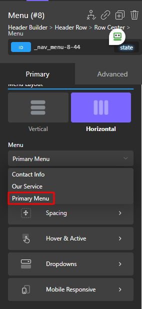 Oxygen builder primary menu setting