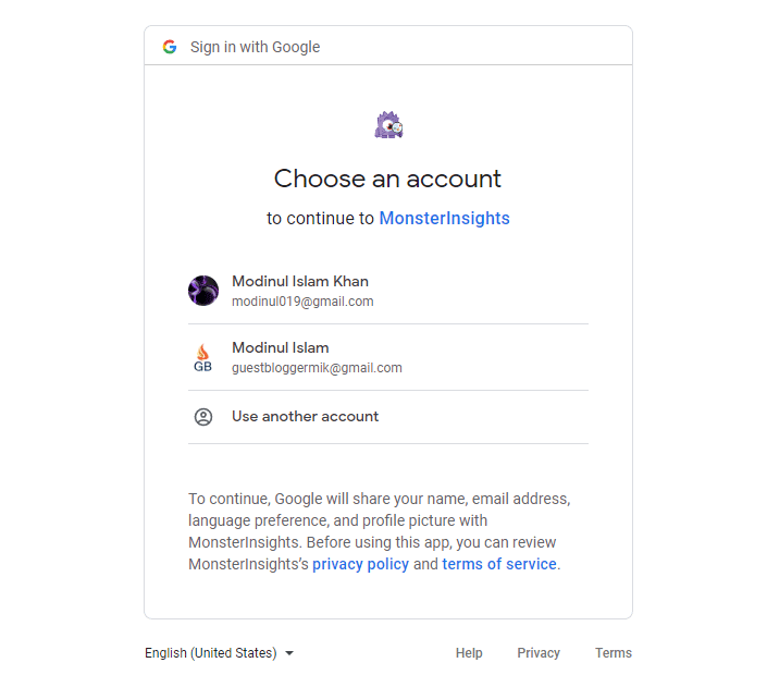 Connect Google account with monsterinsight