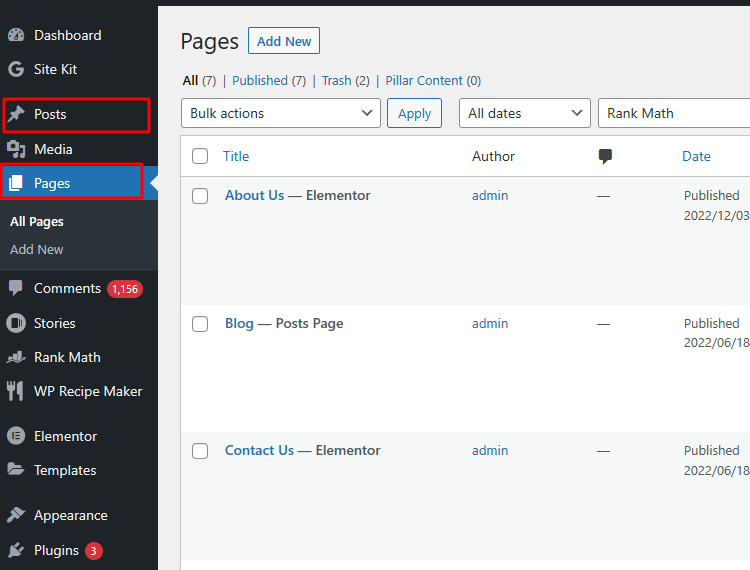 WordPress page and post setting from dashboard