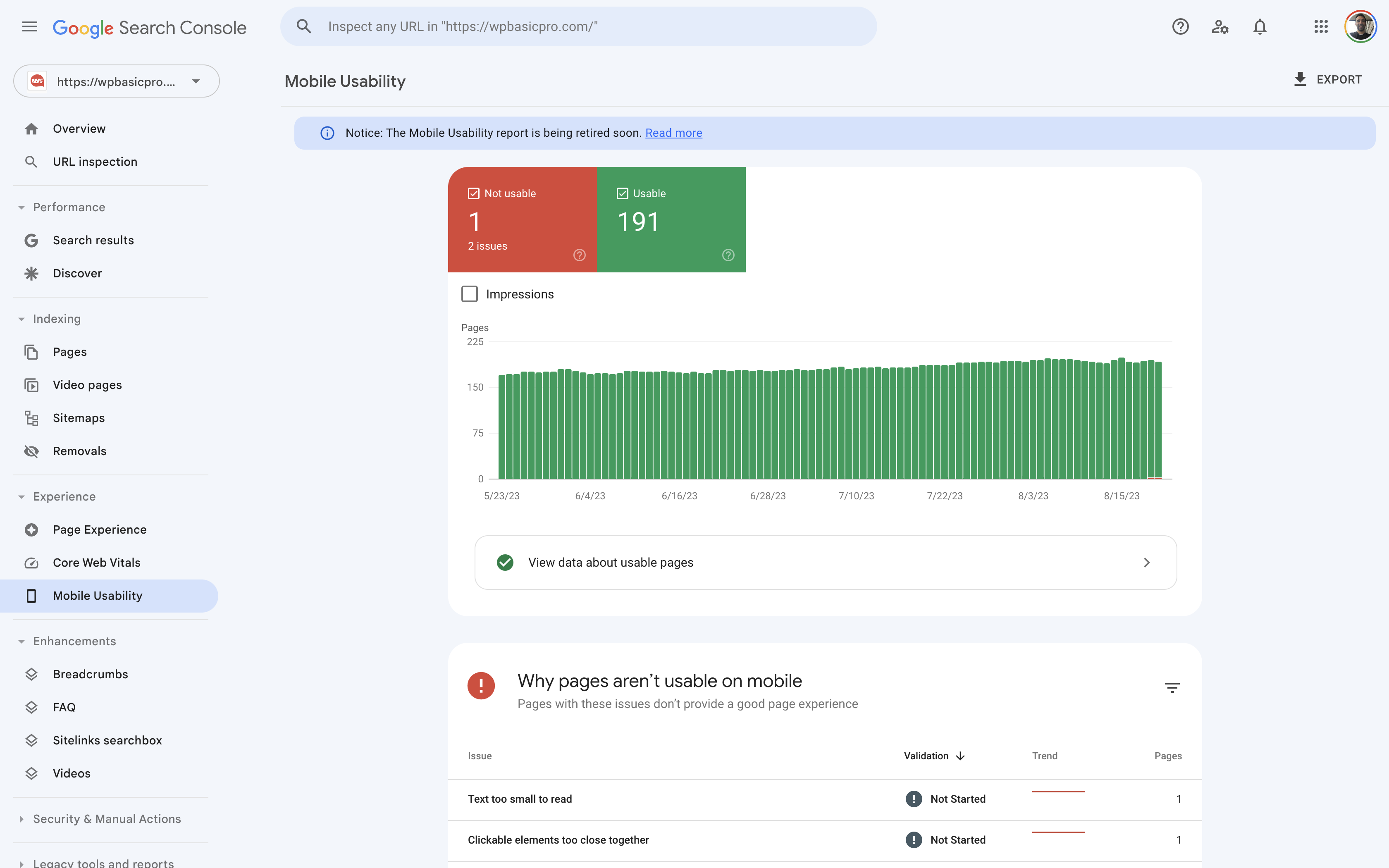 Google Search Console: Mobile Usability Tab