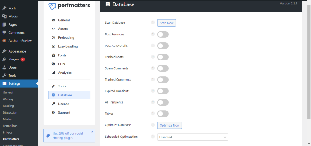 Perfmatters’ database management features