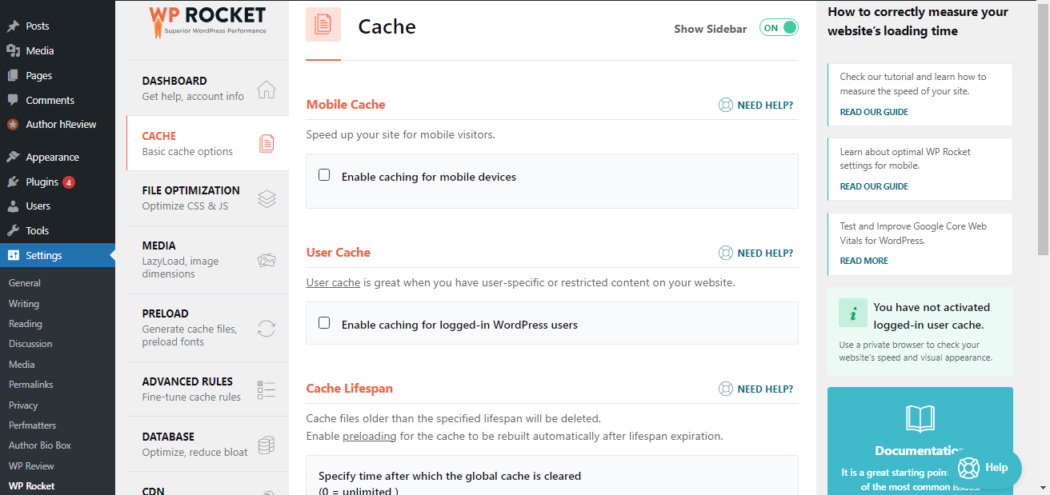 WP Rocket’s cache handling features