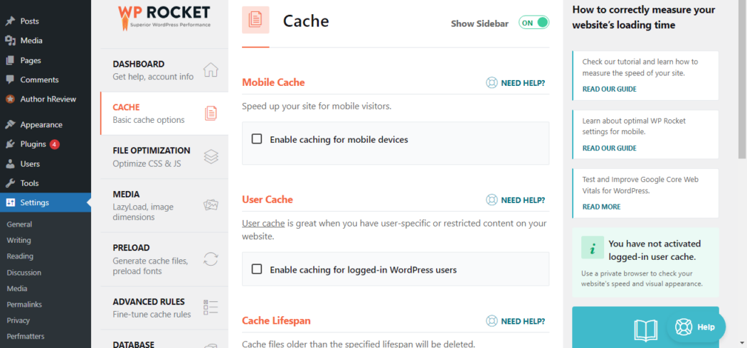 WP Rocket’s cache settings